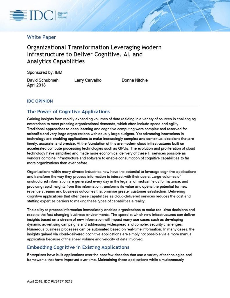 Organizational Transformation Leveraging Modern Infrastructure to Deliver Cognitive, AI, and Analytics Capabilities