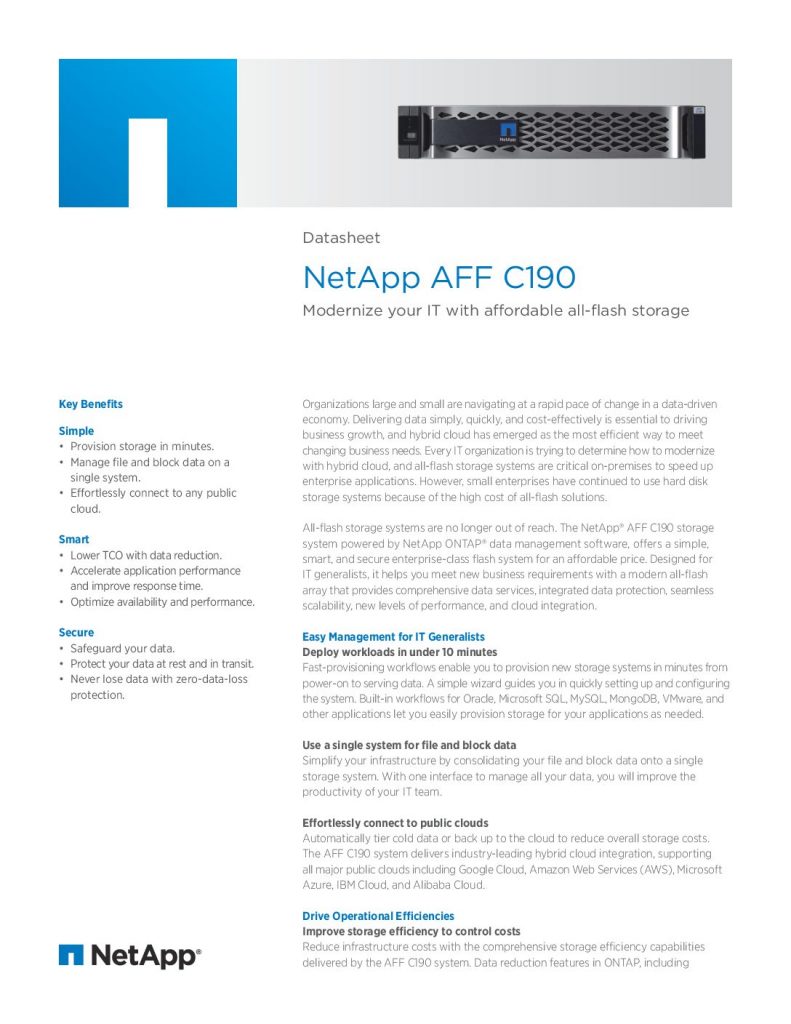 Datasheet: NetApp AFF C190. Modernize your IT with affordable all-flash storage
