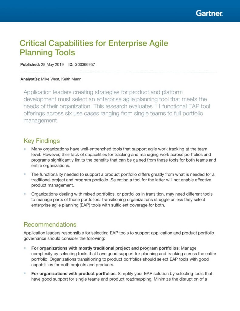 Critical Capabilities for Enterprise Agile Planning Tools