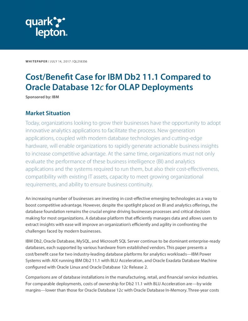 Cost/Benefit Case for IBM Db2 11.1 Compared to Oracle Database 12c for OLAP Deployments