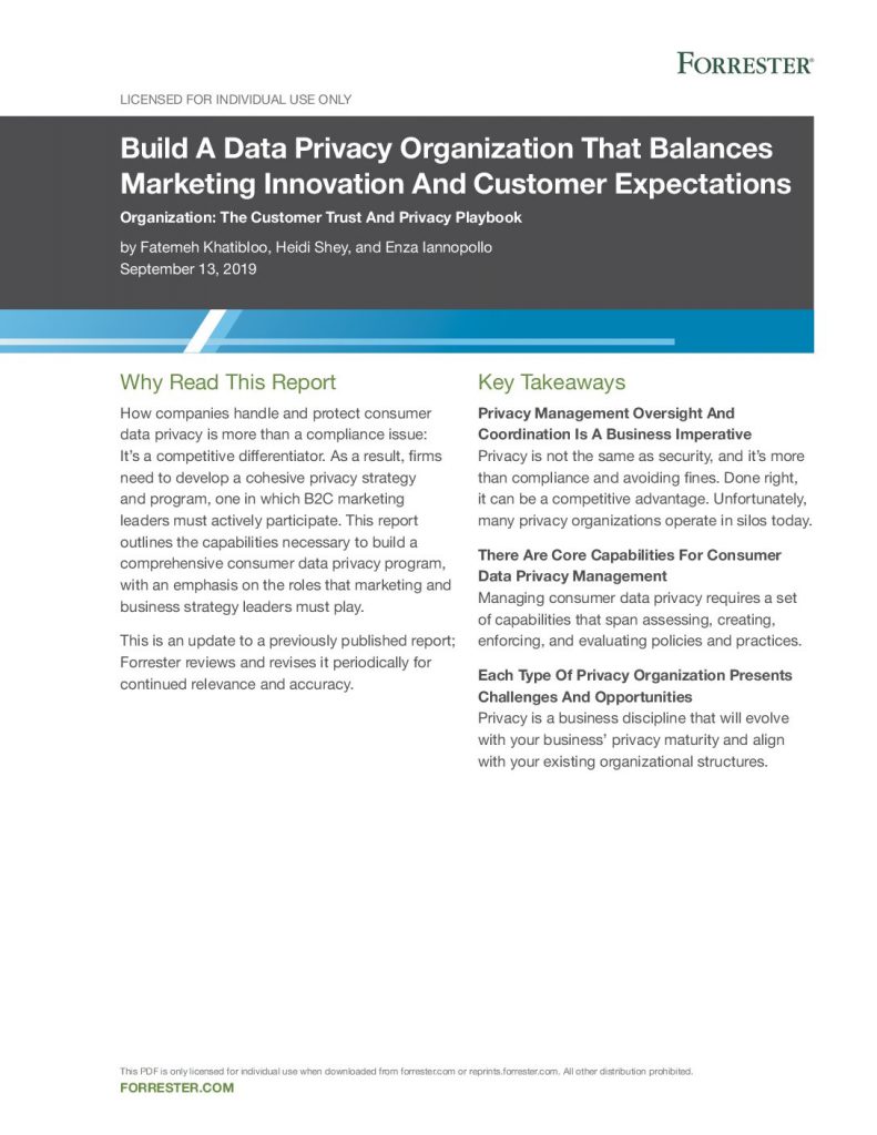Organizational best practices from Forrester Research’s Customer Trust and Privacy Playbook