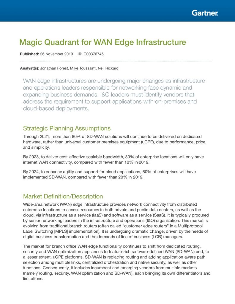 2019 Gartner Magic Quadrant for WAN Edge Infrastructure